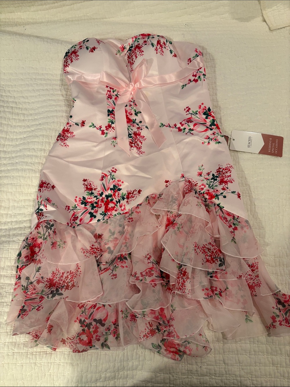 Stacess Floral Bow Strapless Pink Ruffle Dress